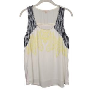 Skies are Blue Boho Tank Top Women's size M White Yellow Black Summer Coastal